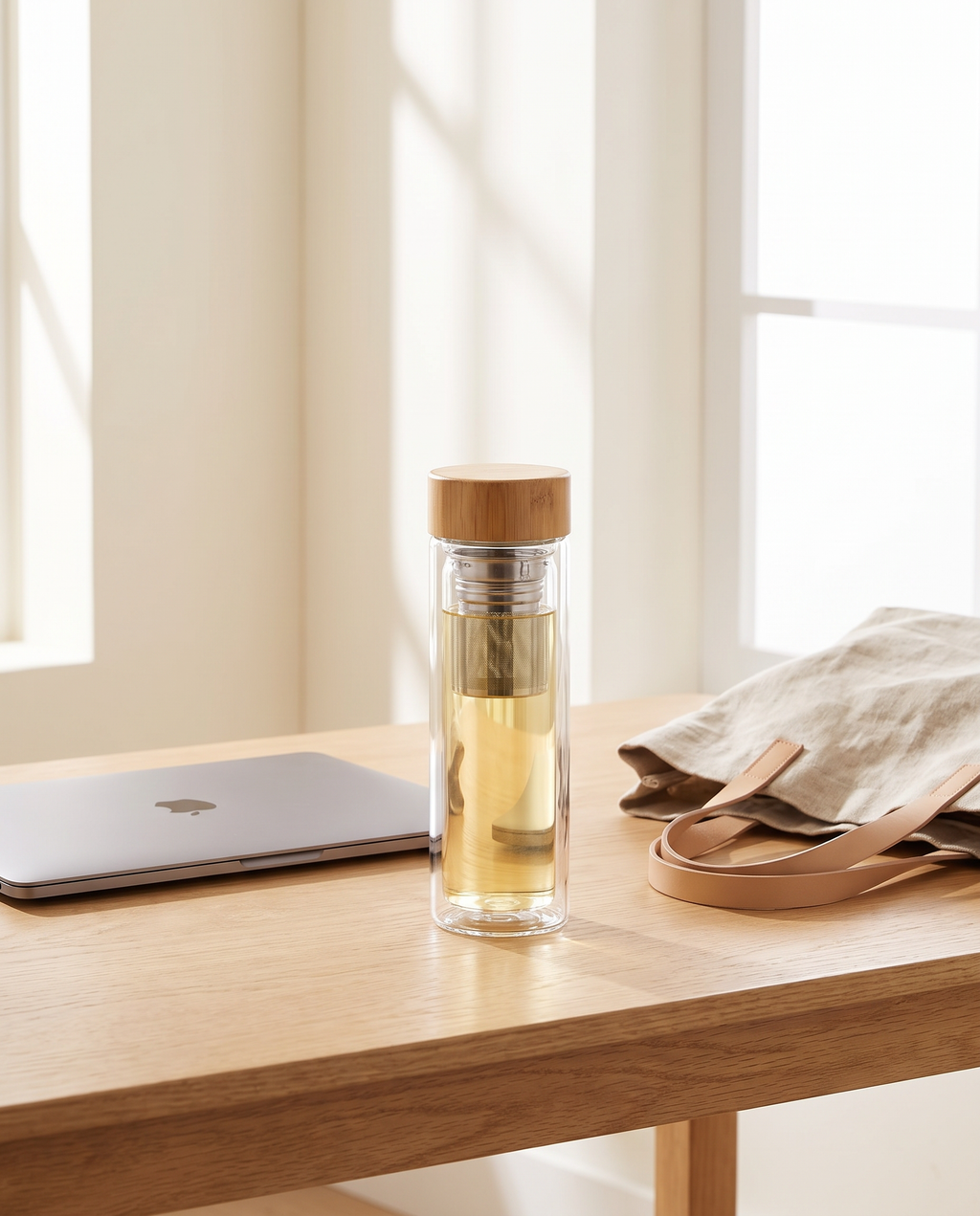 Gourde infuseur sur un bureau à côté d'un ordinateur portable, échelle réelle