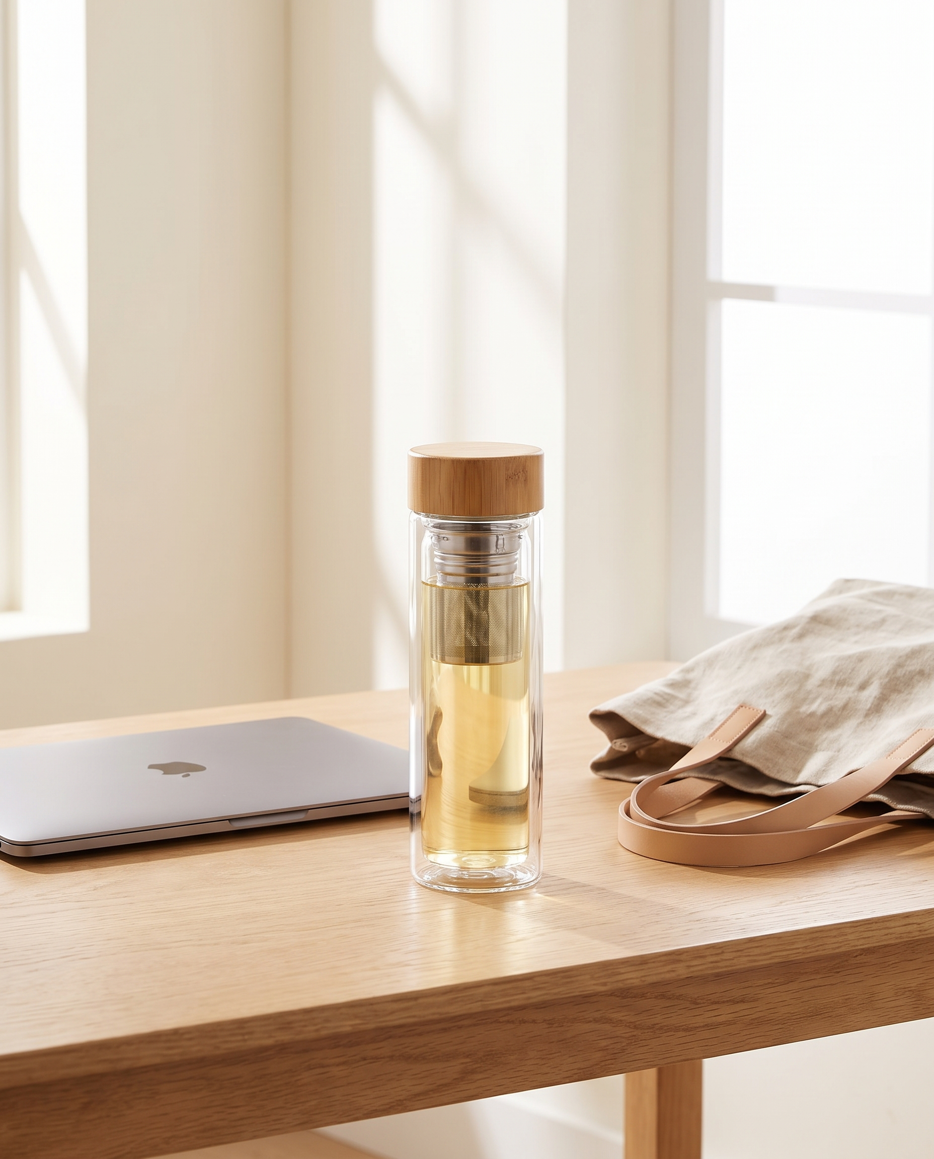 Gourde infuseur sur un bureau à côté d'un ordinateur portable, échelle réelle