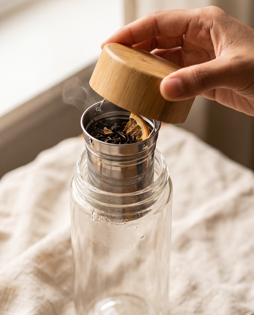 Bouchon soulevé : l'infuseur inox est fixé sous le couvercle, rempli de thé en vrac