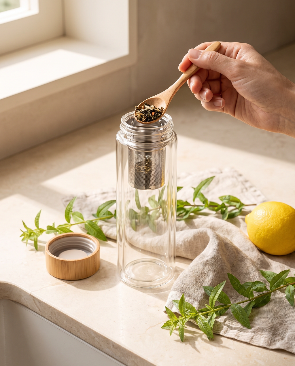 Remplissage de l'infuseur avec du thé en vrac à la cuillère