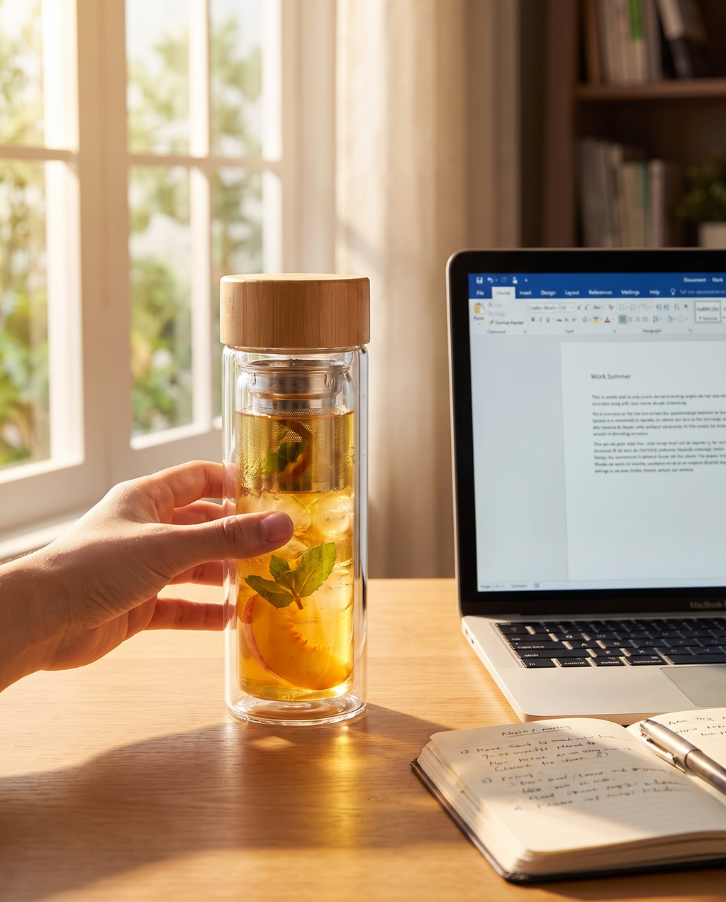 Gourde infuseur avec thé glacé pêche sur un bureau en été – infusion froide au travail