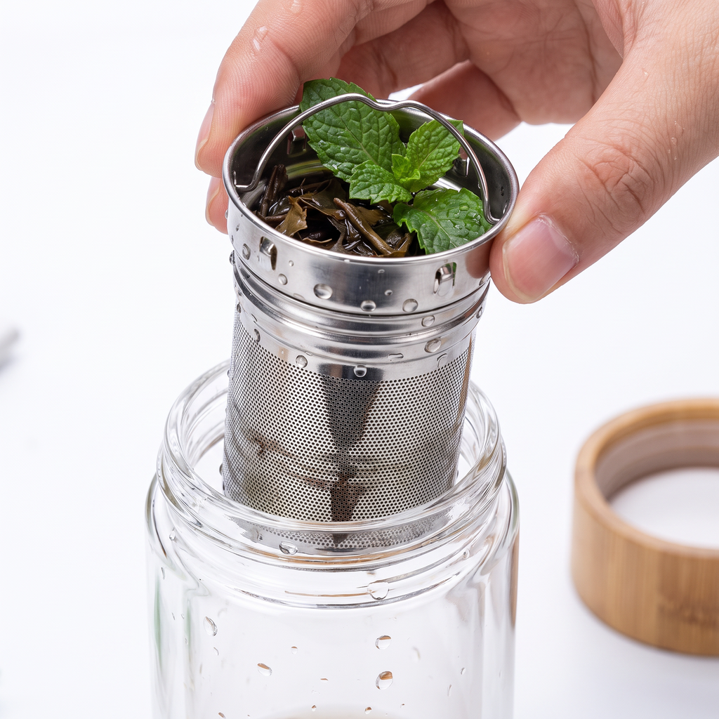 Infuseur amovible en inox de la gourde à infusion froide, rempli de thé et menthe