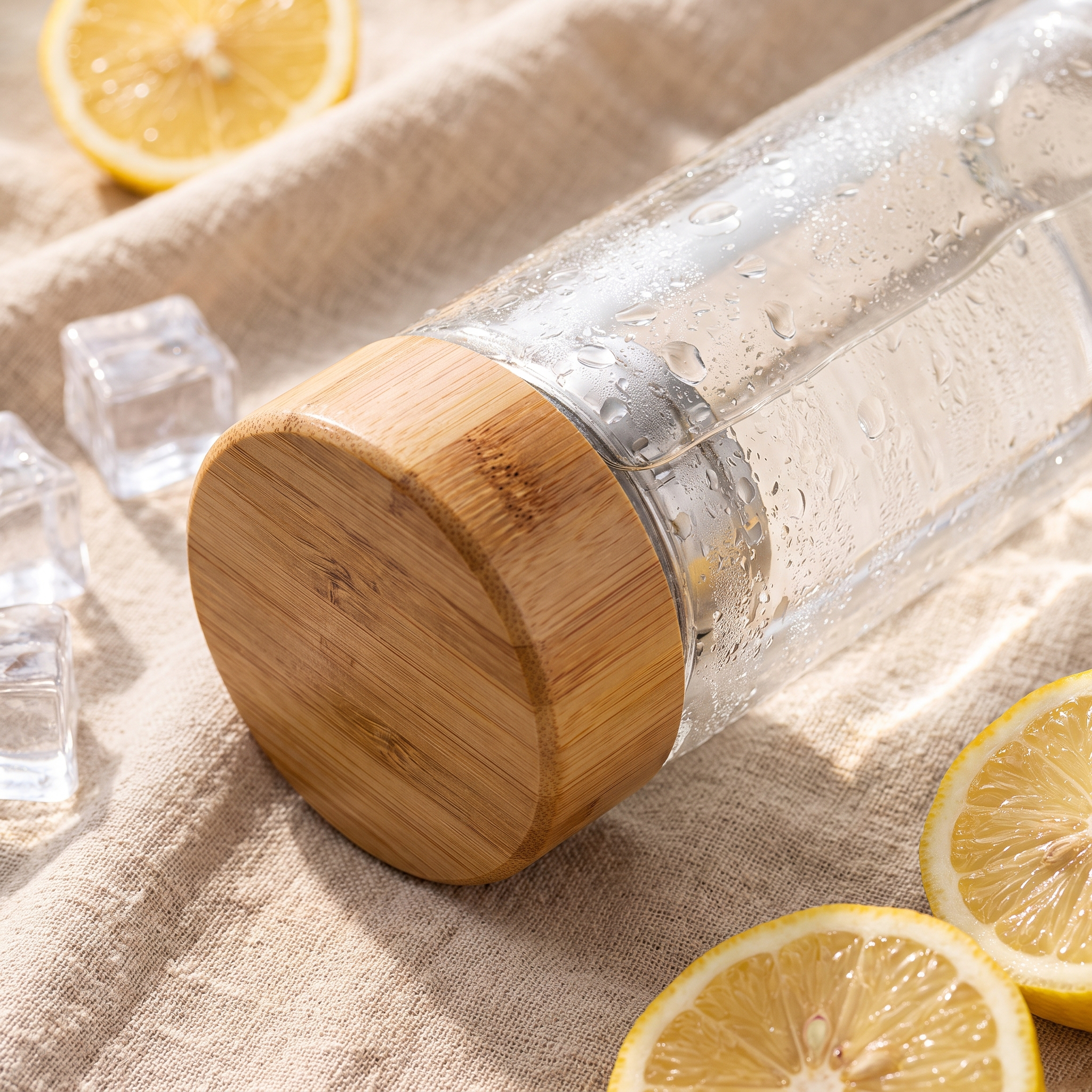 Couvercle bambou étanche et double paroi en verre de la gourde isotherme, glacons et citron