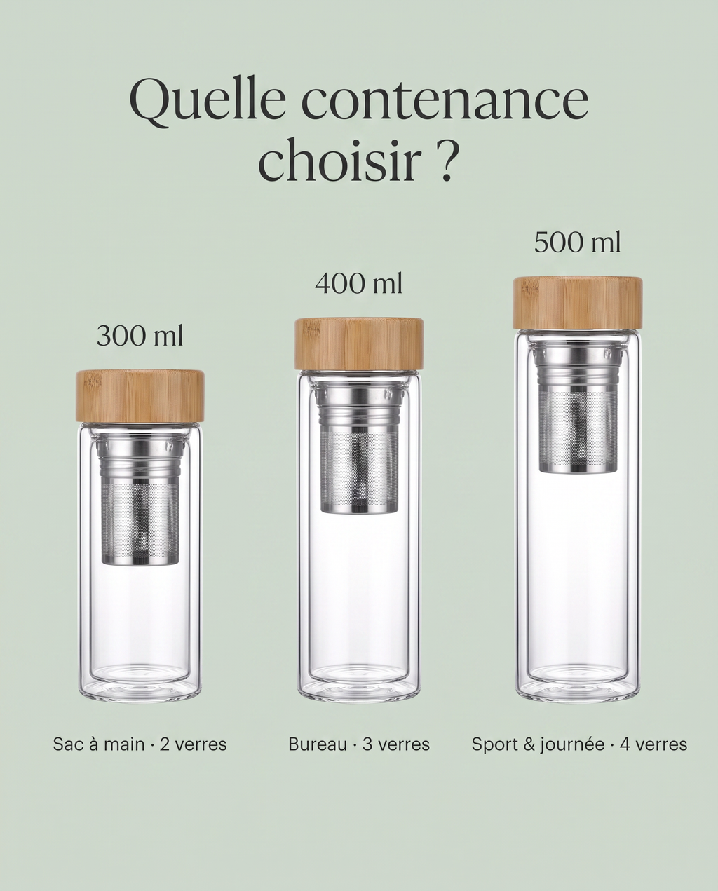 Comparatif des contenances 300 ml, 400 ml et 500 ml de la gourde infuseur Été Infusé